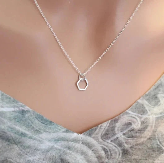 Tiny Hexagon Necklace – Sterling Silver Honeycomb Charm on 18" Chain