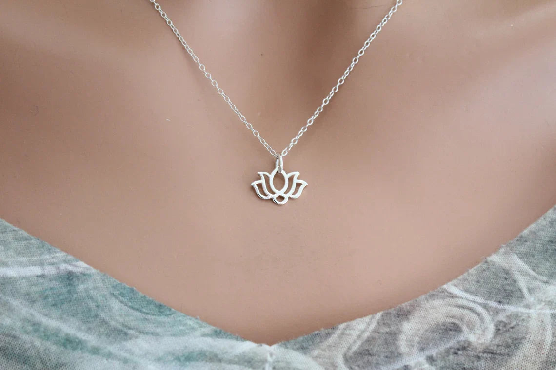 Tiny Wide Lotus Flower Necklace – Sterling Silver on 16" Chain