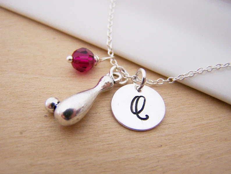 Personalized Bowling Necklace – Sterling Silver Chain with Birthstone & Initial