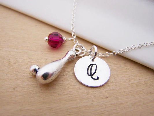 Personalized Bowling Necklace – Sterling Silver Chain with Birthstone & Initial