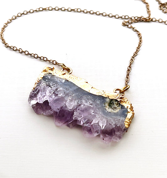 Chunky Raw Amethyst Necklace – Brass Chain, 25 Inch