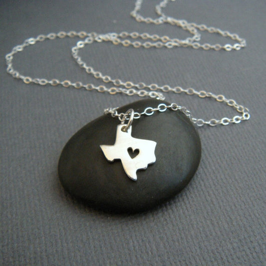 Texas State Necklace – Sterling Silver Charm with Heart Cutout on 16" Chain