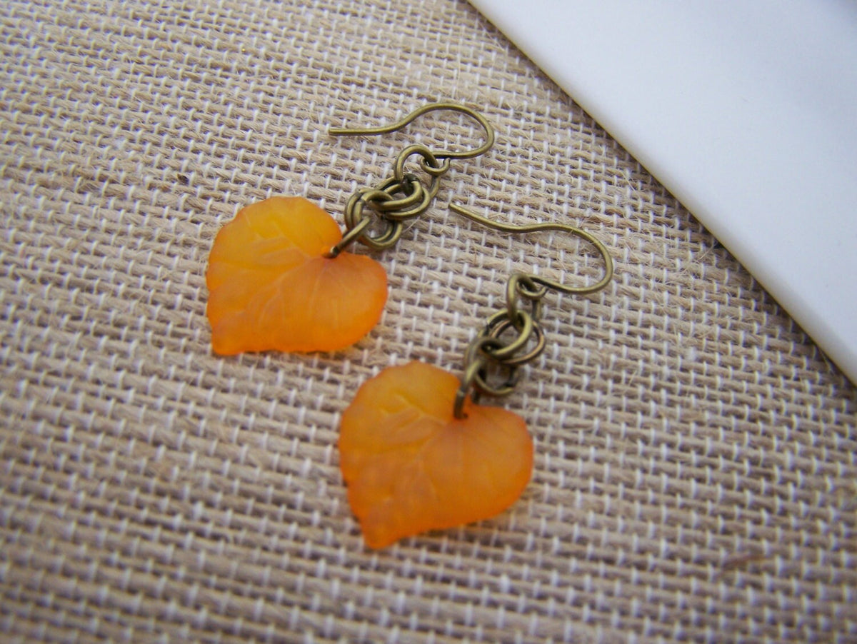 Orange Leaf Dangle Earrings – Brass