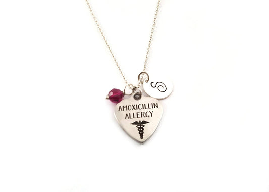 Amoxicillin Allergy Medical Necklace – Hand Stamped Initial, Birthstone or Pearl, Sterling Chain