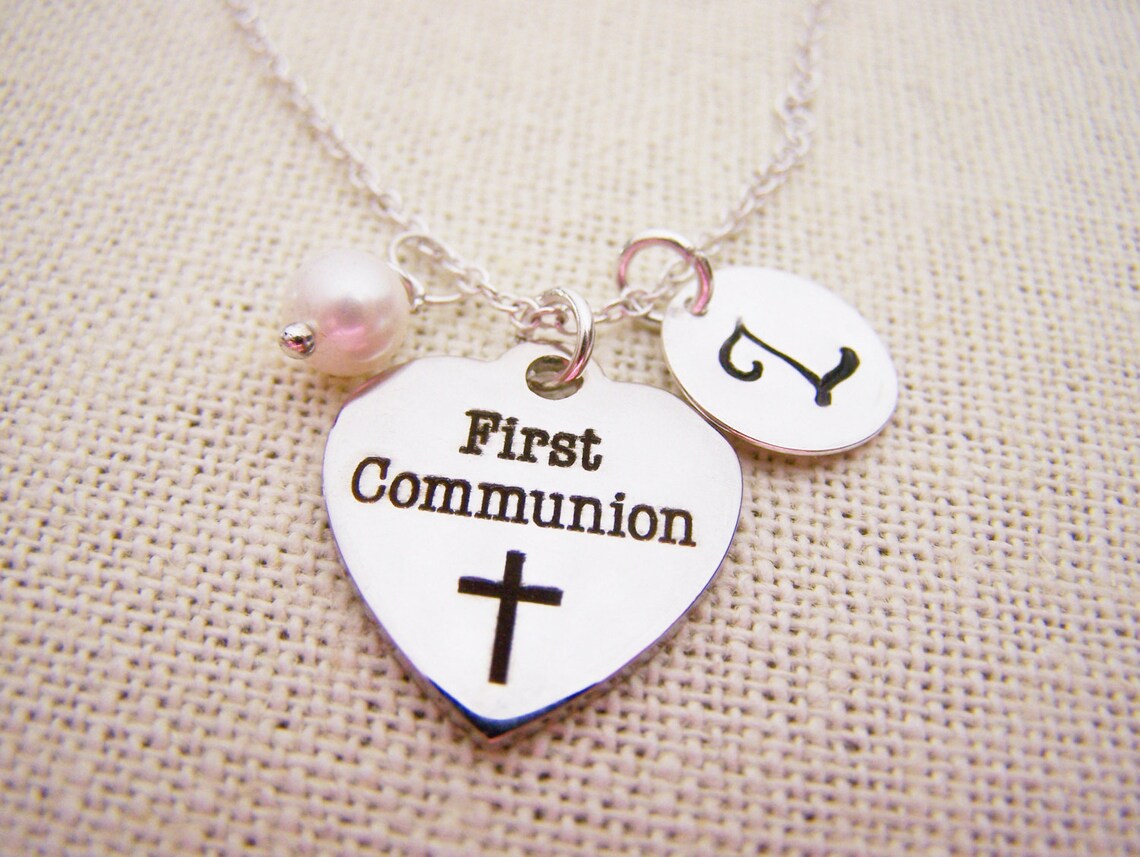 First Communion Necklace – Sterling Silver with Pearl, Initial & Stainless Steel Heart Charm