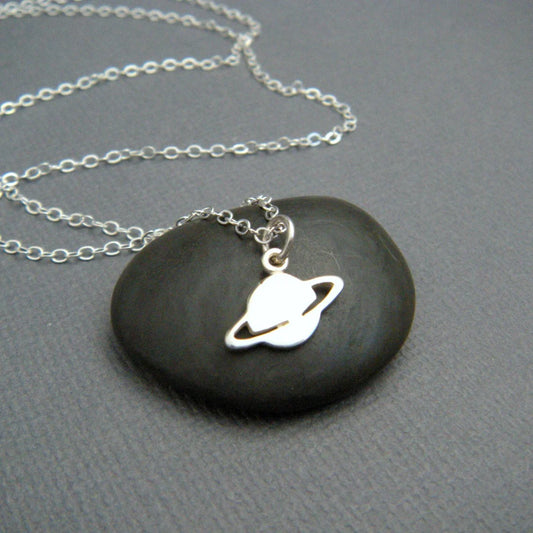 Tiny Saturn Necklace – Sterling Silver Planet with Ring Charm on 16" Chain