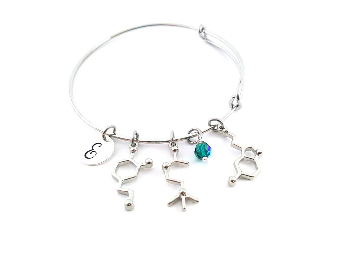 Serotonin Neurotransmitter Bracelet – Adjustable Bangle with Birthstone & Initial