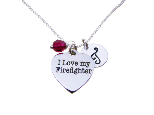 I Love My Firefighter Necklace – Personalized Sterling Silver Jewelry with Initial & Birthstone or Pearl
