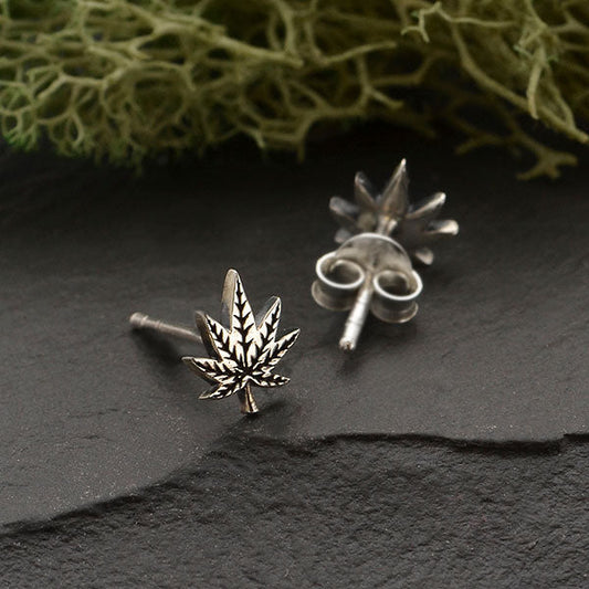 Sterling Silver Pot Leaf Post Earrings – Tiny Weed Studs 7x7mm