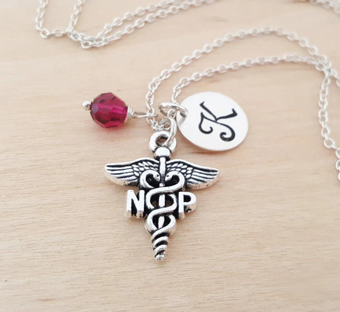 Personalized Nurse Practitioner Necklace – Sterling Silver Chain with Birthstone & Initial