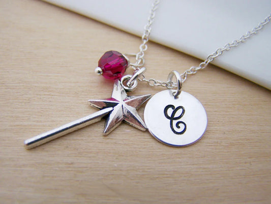 Personalized Magic Wand Necklace – Sterling Silver Chain with Birthstone & Initial