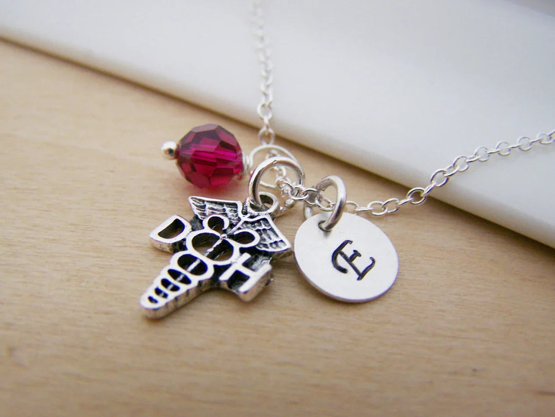 Dental Hygienist Necklace – Sterling Silver with Birthstone & Initial Charm