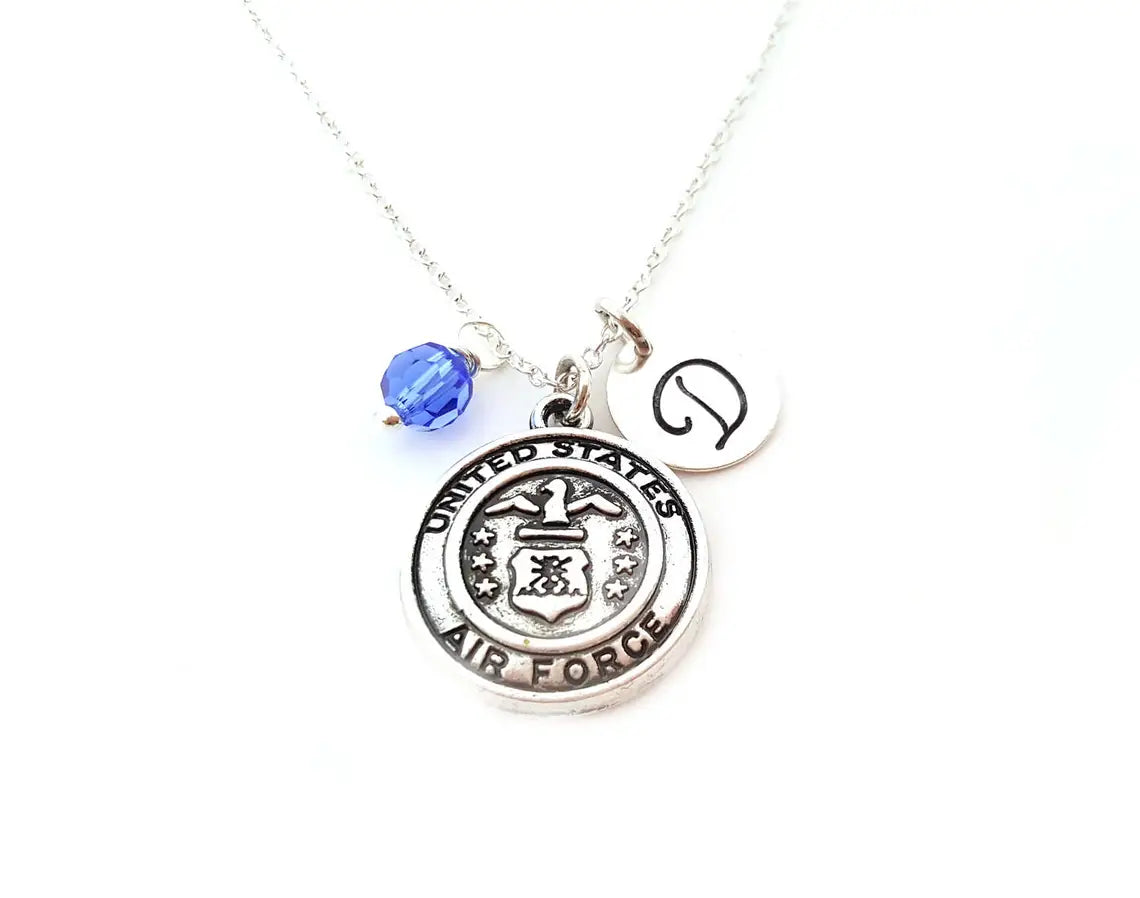 Personalized Air Force Necklace – Sterling Silver Chain with Birthstone & Initial