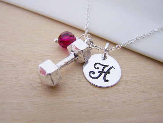 Personalized Dumbbell Necklace – Weightlifting Charm with Sterling Silver Chain & Birthstone
