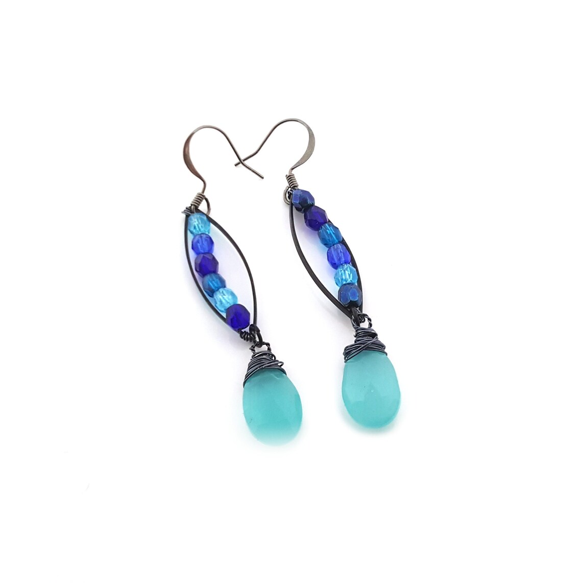 Blue Chalcedony & Czech Glass Oxidized Sterling Silver Earrings