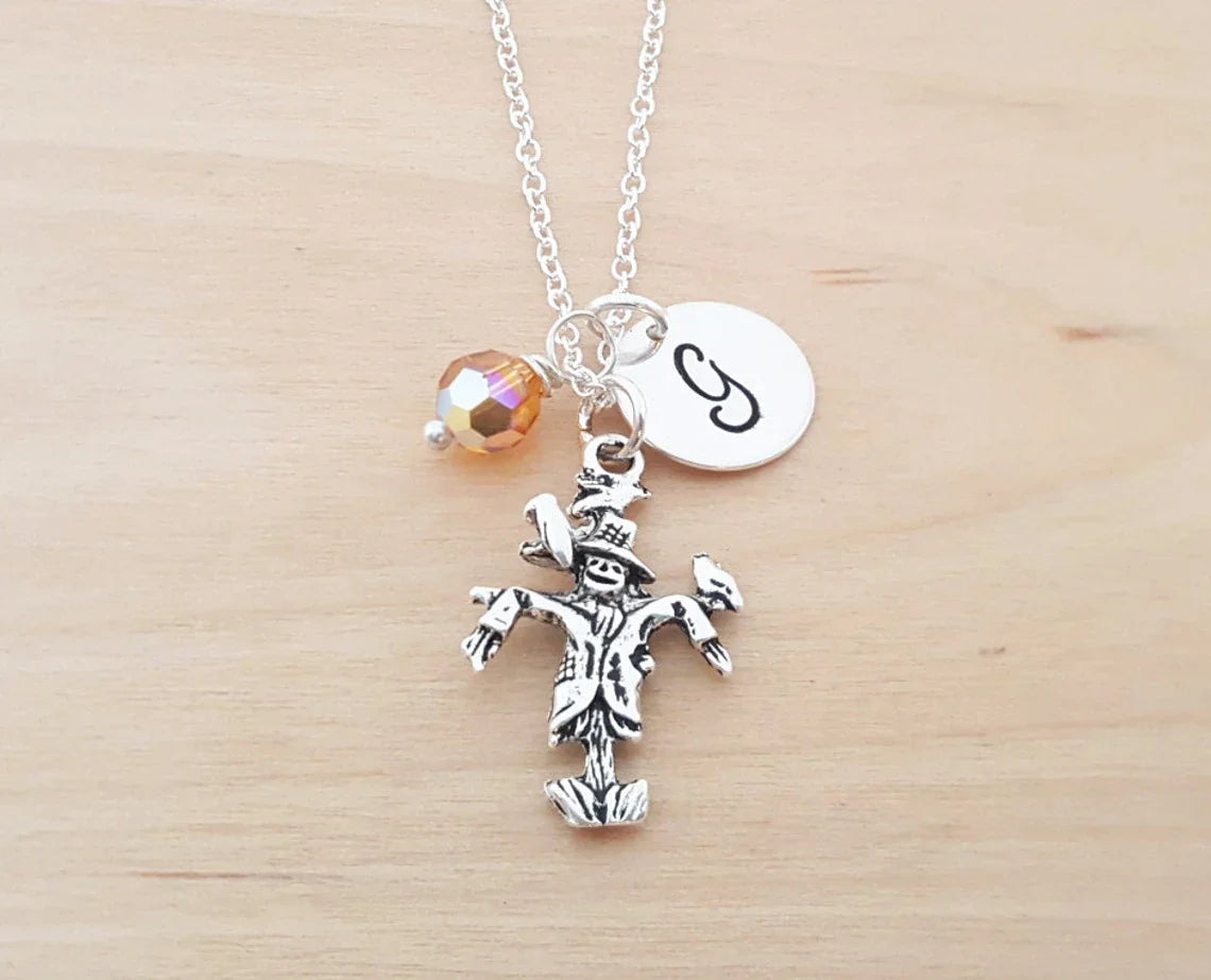 Personalized Scarecrow Necklace – Sterling Silver Chain with Birthstone & Initial