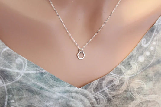 Tiny Hexagon Necklace – Sterling Silver Honeycomb Charm on 18" Chain