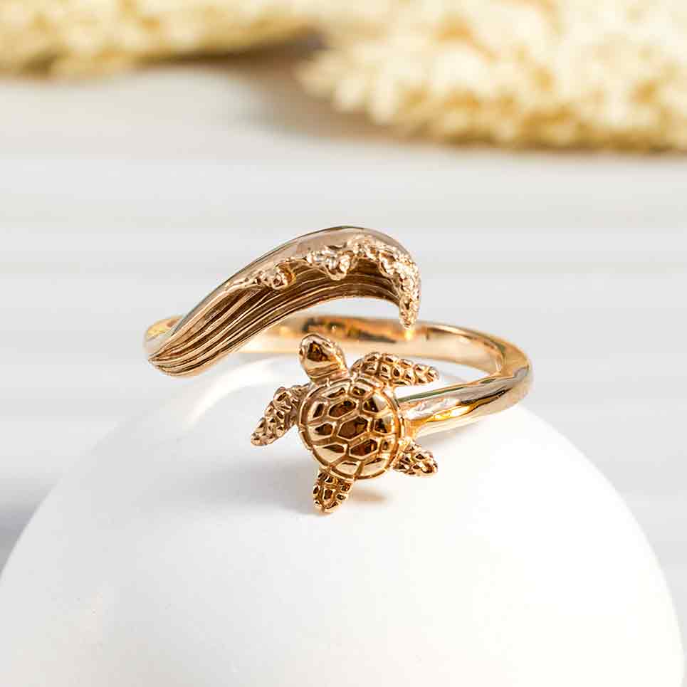 Bronze Sea Turtle and Wave Adjustable Ring – Ocean-Inspired Animal Jewelry