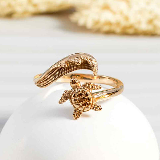 Bronze Sea Turtle and Wave Adjustable Ring – Ocean-Inspired Animal Jewelry