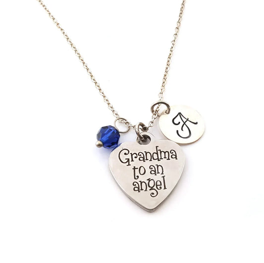 Grandma to an Angel Necklace – Sterling Silver with Birthstone & Initial Charm