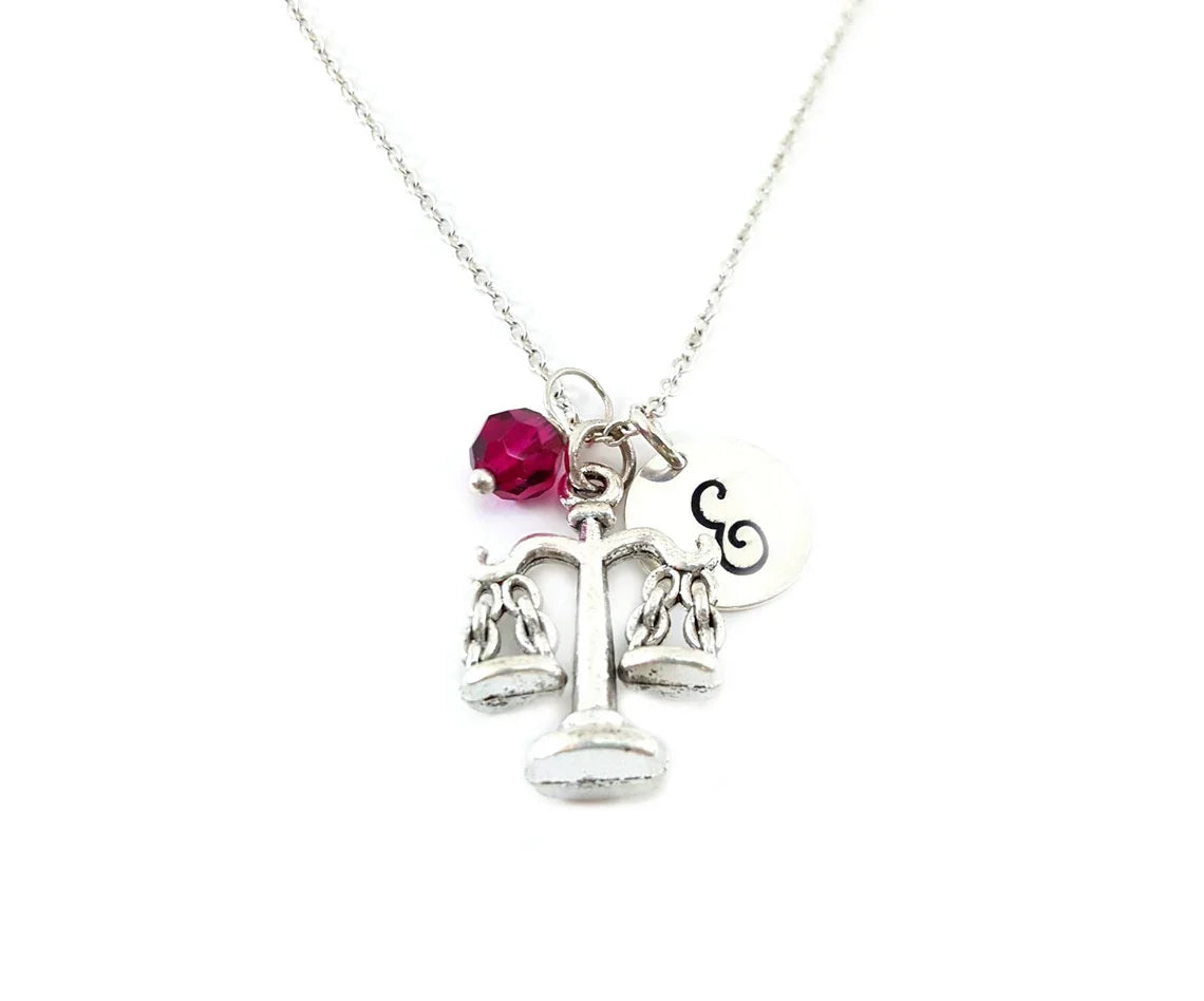 Justice Scales Necklace – Sterling Silver Chain with Personalized Birthstone & Initial