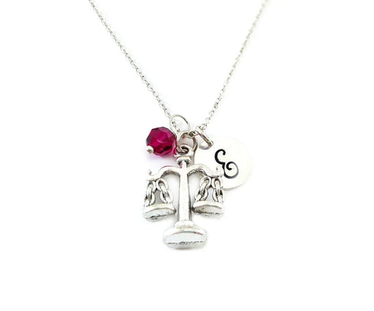 Justice Scales Necklace – Sterling Silver Chain with Personalized Birthstone & Initial