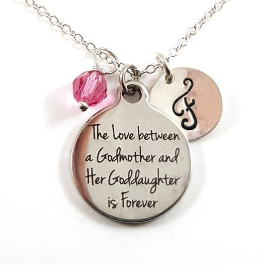 Godmother & Goddaughter Necklace – “The Love Between a Godmother and Her Goddaughter is Forever” – Sterling Silver with Birthstone & Initial