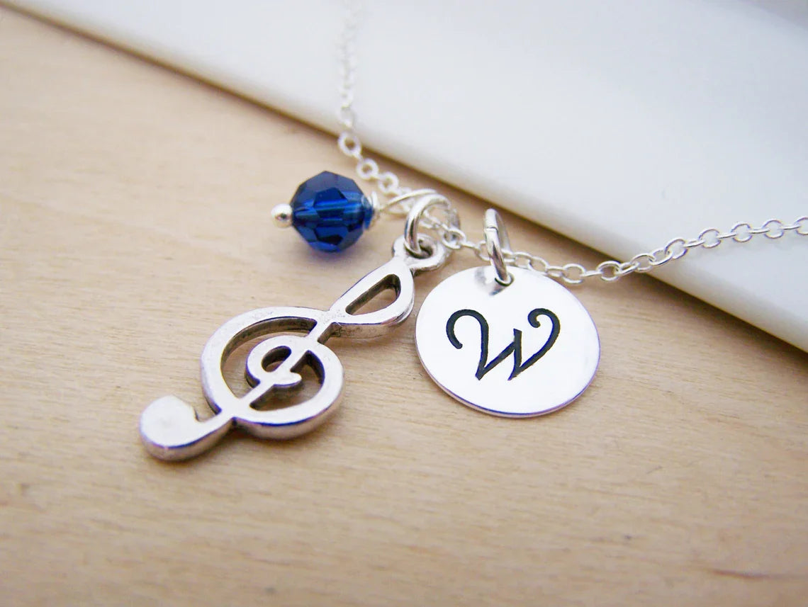 Personalized Treble Clef Necklace – Sterling Silver Chain with Birthstone & Initial