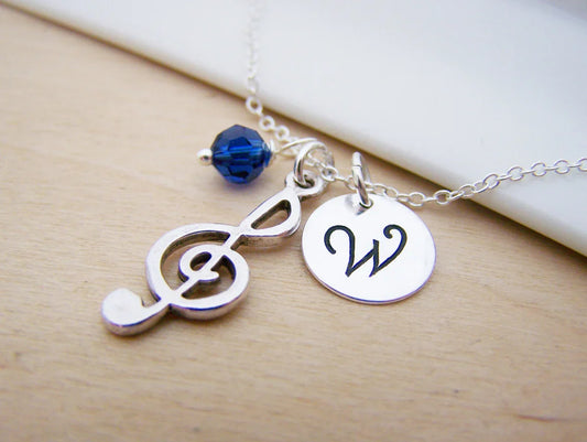 Personalized Treble Clef Necklace – Sterling Silver Chain with Birthstone & Initial