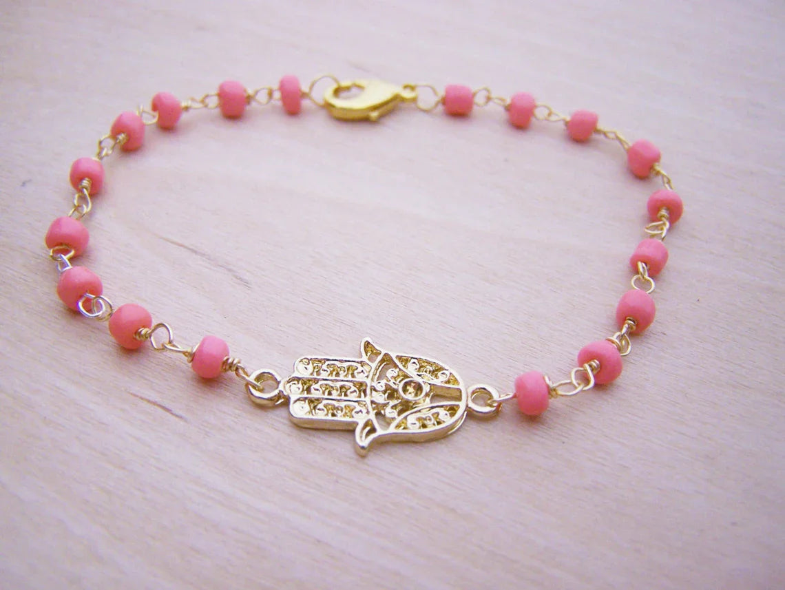 Hamsa Bracelet - Pink Bracelet - Wire Wrapped Bracelet