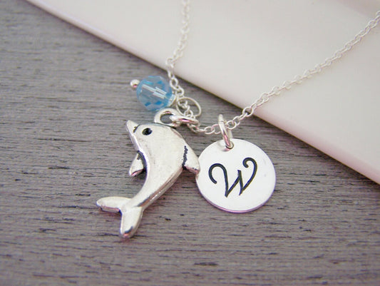 Personalized Dolphin Necklace – Sterling Silver Chain with Birthstone & Initial