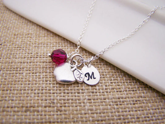 Personalized Apple Necklace – Sterling Silver Chain with Birthstone & Initial