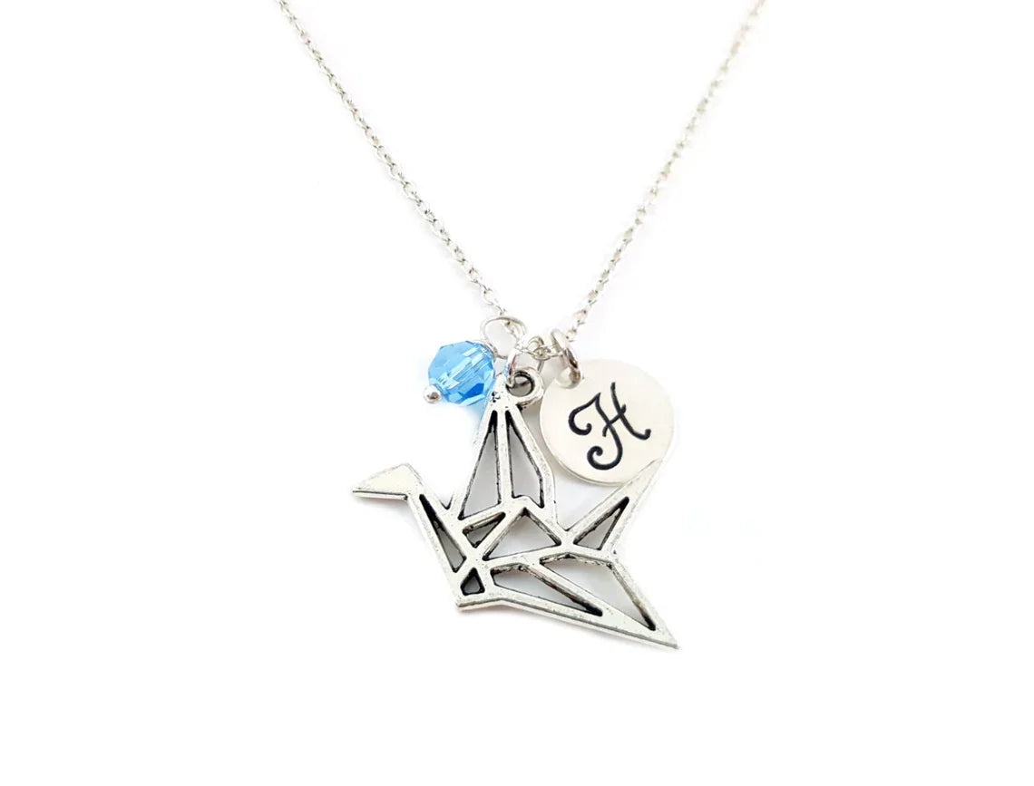 Personalized Paper Crane Necklace – Sterling Silver Chain with Birthstone & Initial