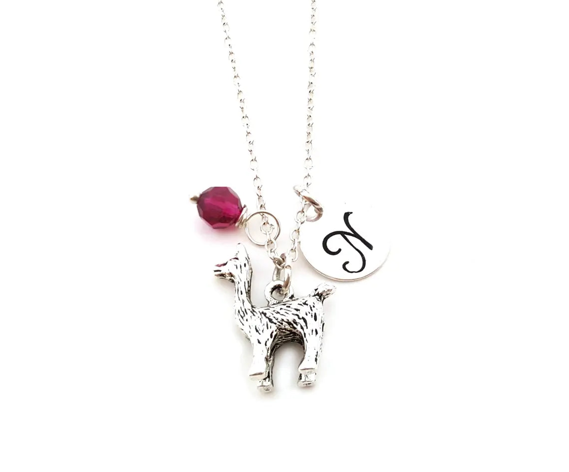 Personalized Llama Necklace – Sterling Silver Chain with Birthstone & Initial