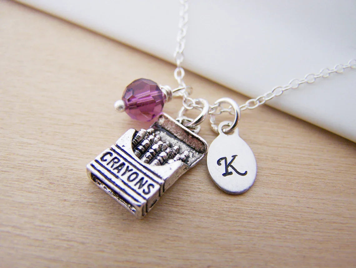 Personalized Crayon Necklace – Sterling Silver Chain with Birthstone & Initial