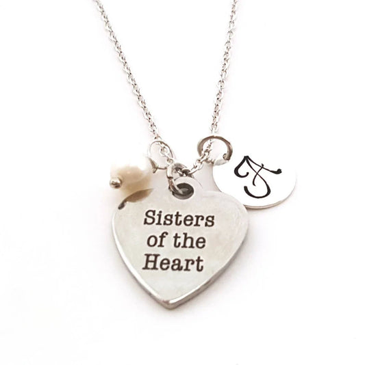 Sisters of the Heart Necklace – Stainless Steel Charm on Sterling Silver Chain with Birthstone & Initial
