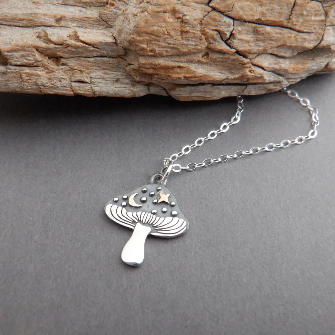 Mushroom & Moon Necklace – Sterling Silver with Bronze Crescent and Star, 18" Chain
