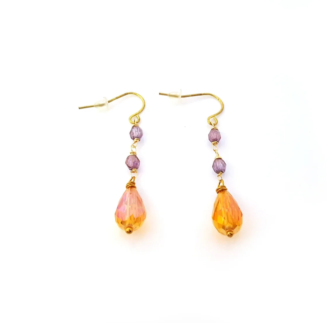 Gold Filled Czech Glass Drop Earrings – Amber & Lavender