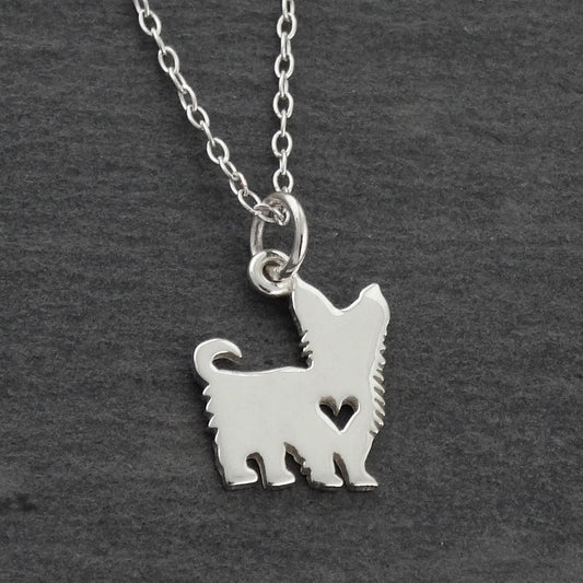 Yorkshire Terrier Necklace – Sterling Silver Dog Charm with Heart Cutout on 18" Chain
