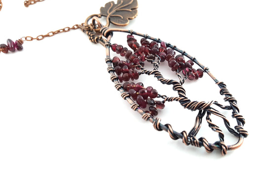 Garnet Tree of Life Pendant Necklace – Copper Wire Wrapped, 32 Inch Chain