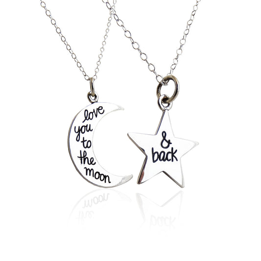 Sterling Silver “Love You to the Moon” Necklace Set – Moon & Star on 18" Chains