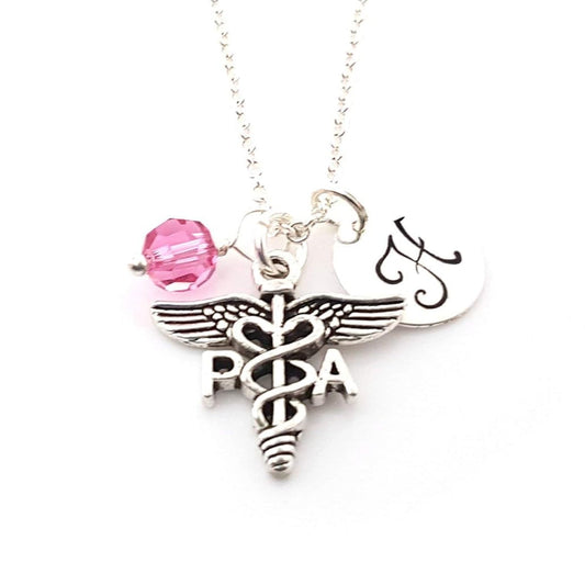 Physician Assistant (PA) Charm Necklace – Personalized Sterling Silver Jewelry with Initial & Birthstone or Pearl