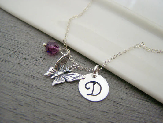Personalized Butterfly Necklace – Solid Sterling Silver Charm with Birthstone & Initial