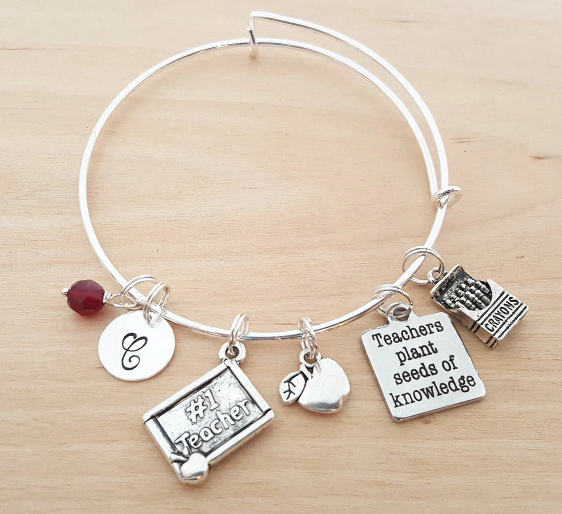 #1 Teacher Bracelet – Adjustable Bangle with Birthstone & Initial