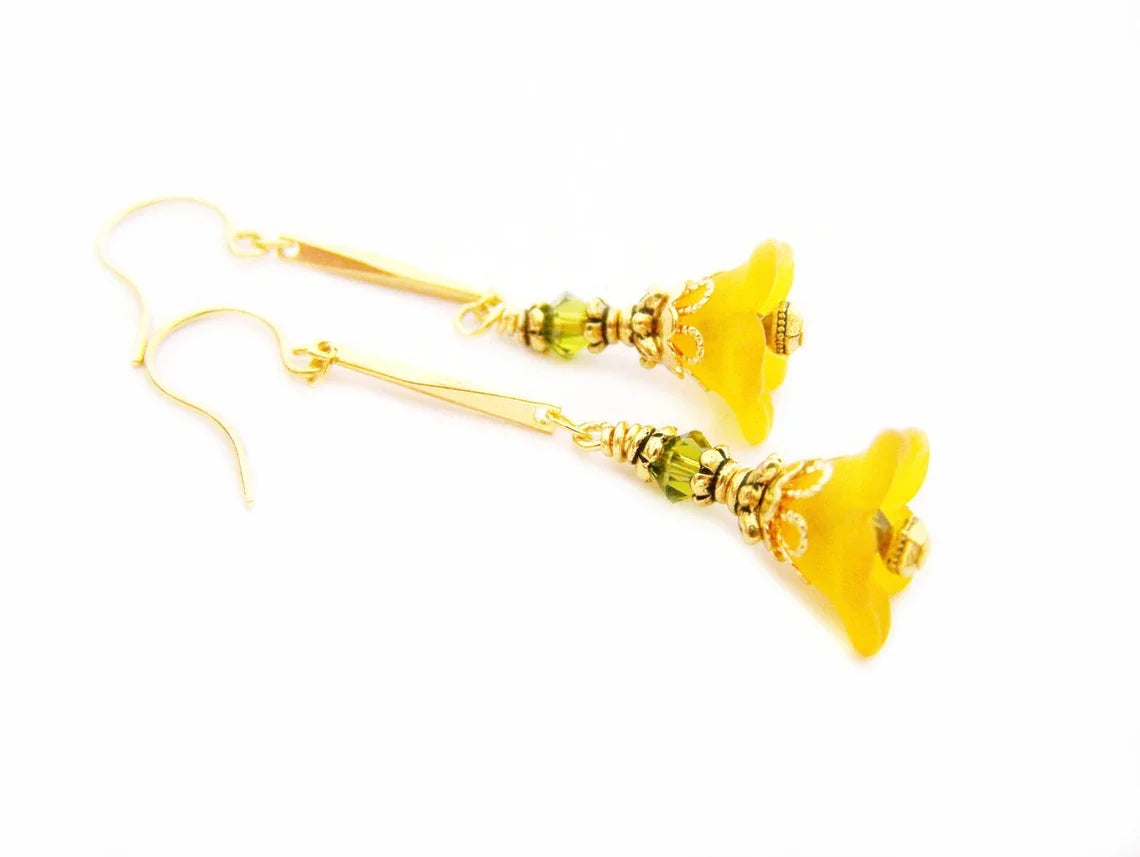 Orange Lucite Flower & Swarovski Crystal Dangle Earrings