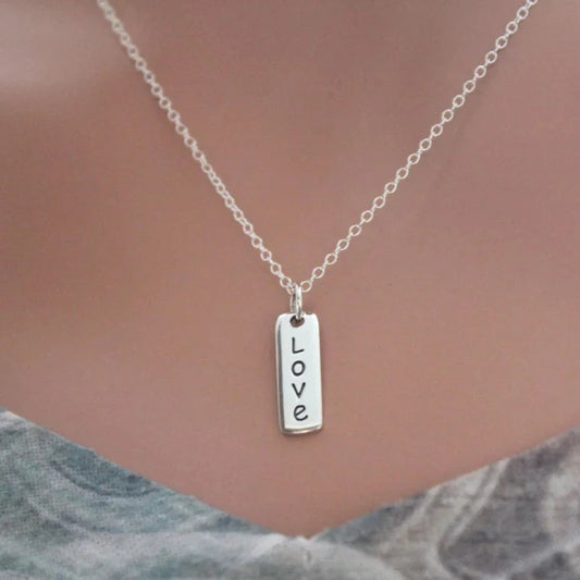 Sterling Silver Love Necklace – Vertical Word Charm on 16" Chain