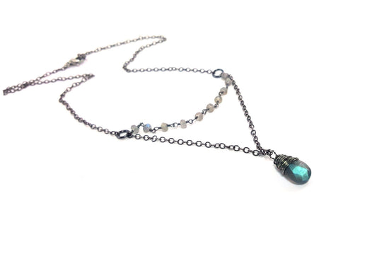 Blue Flash Labradorite & Oxidized Silver Rosary Necklace