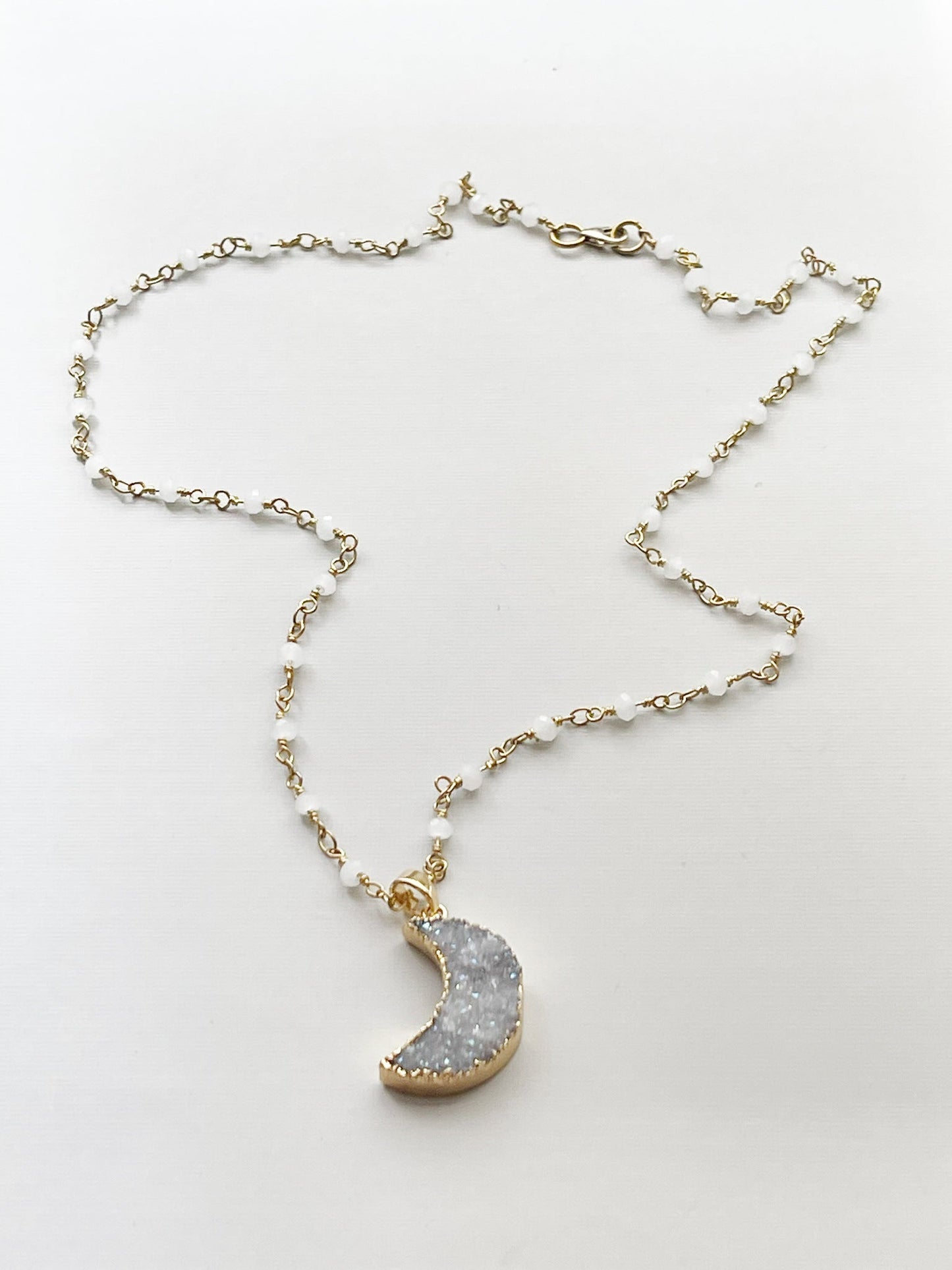 Druzy Moon Necklace – Gold Plated on White Rosary Chain, 21 Inch