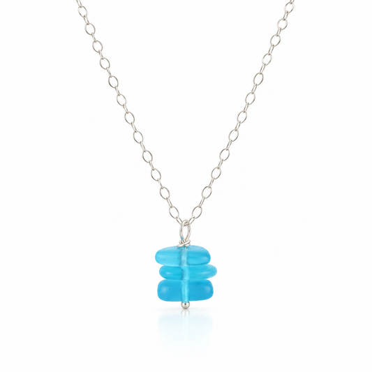 Aqua Sea Glass Trio Stack Necklace – Sterling Silver, 18”