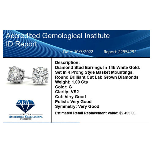 1.50 CTW Lab Grown Diamond Round Stud Earrings in 14K Solid Gold – G/VS Certified
